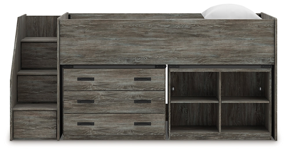 Frandern Twin Loft Bed with Bookcase and Drawer Storage