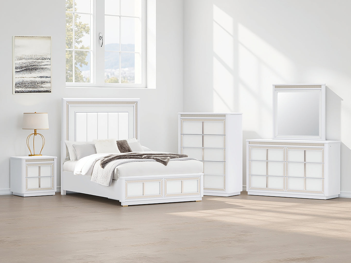 Chalanna Queen Upholstered Storage Bed with Mirrored Dresser, Chest and Nightstand