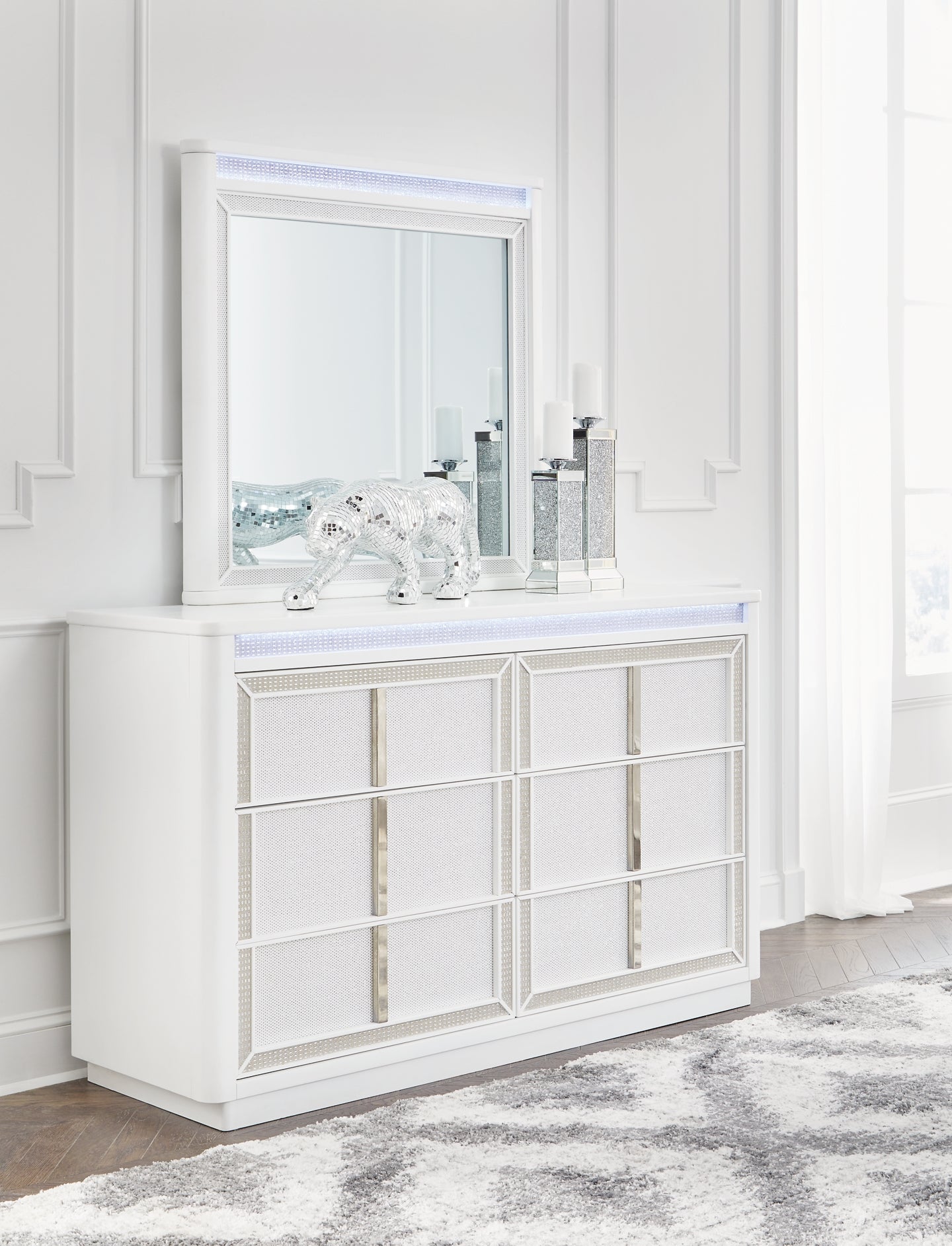 Chalanna Queen Upholstered Storage Bed with Mirrored Dresser, Chest and Nightstand