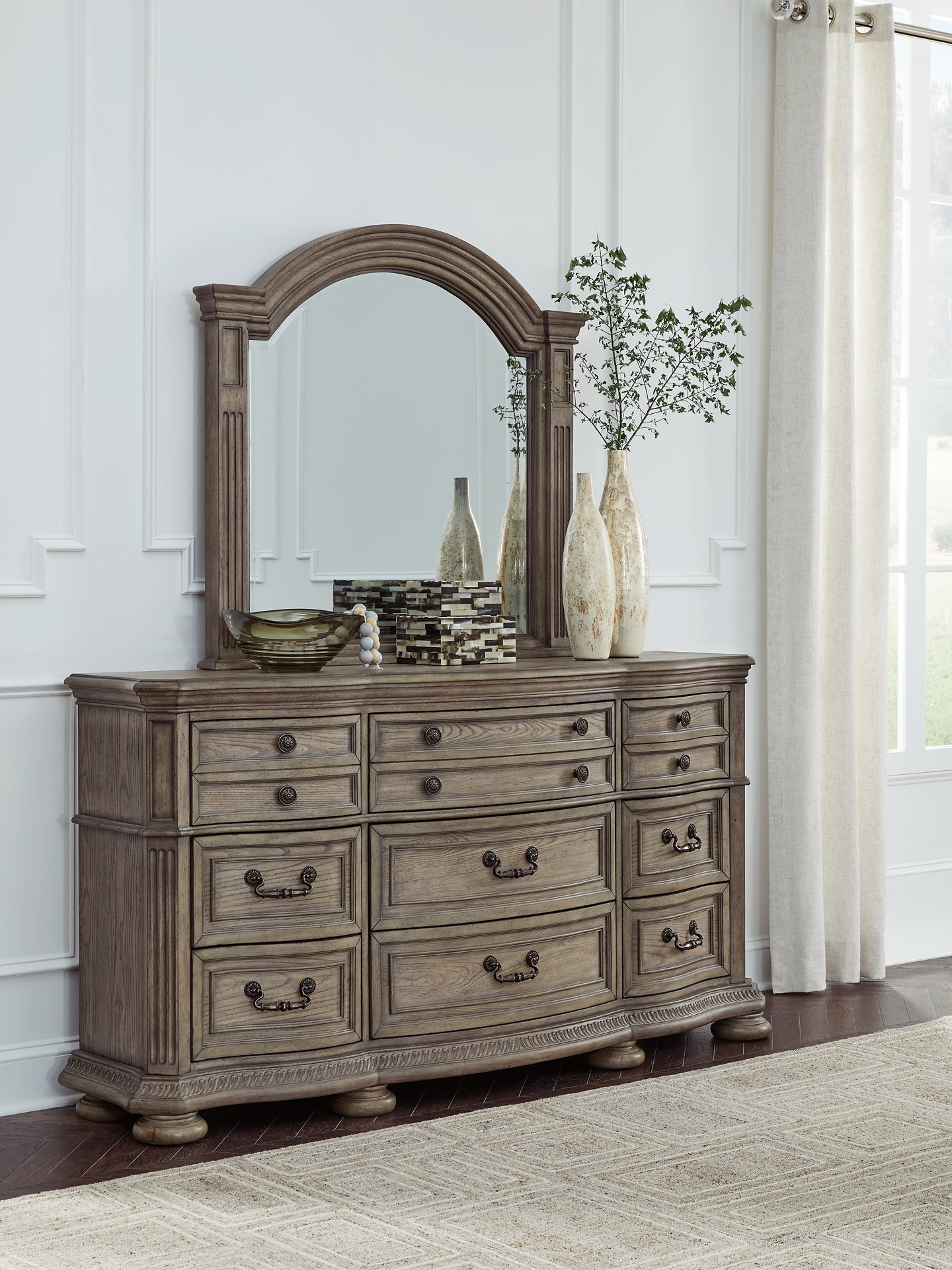 Ardenfield Queen Upholstered Sleigh Bed with Mirrored Dresser, Chest and Nightstand