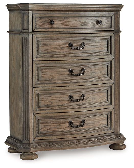 Ardenfield California King Upholstered Sleigh Bed with Mirrored Dresser and Chest