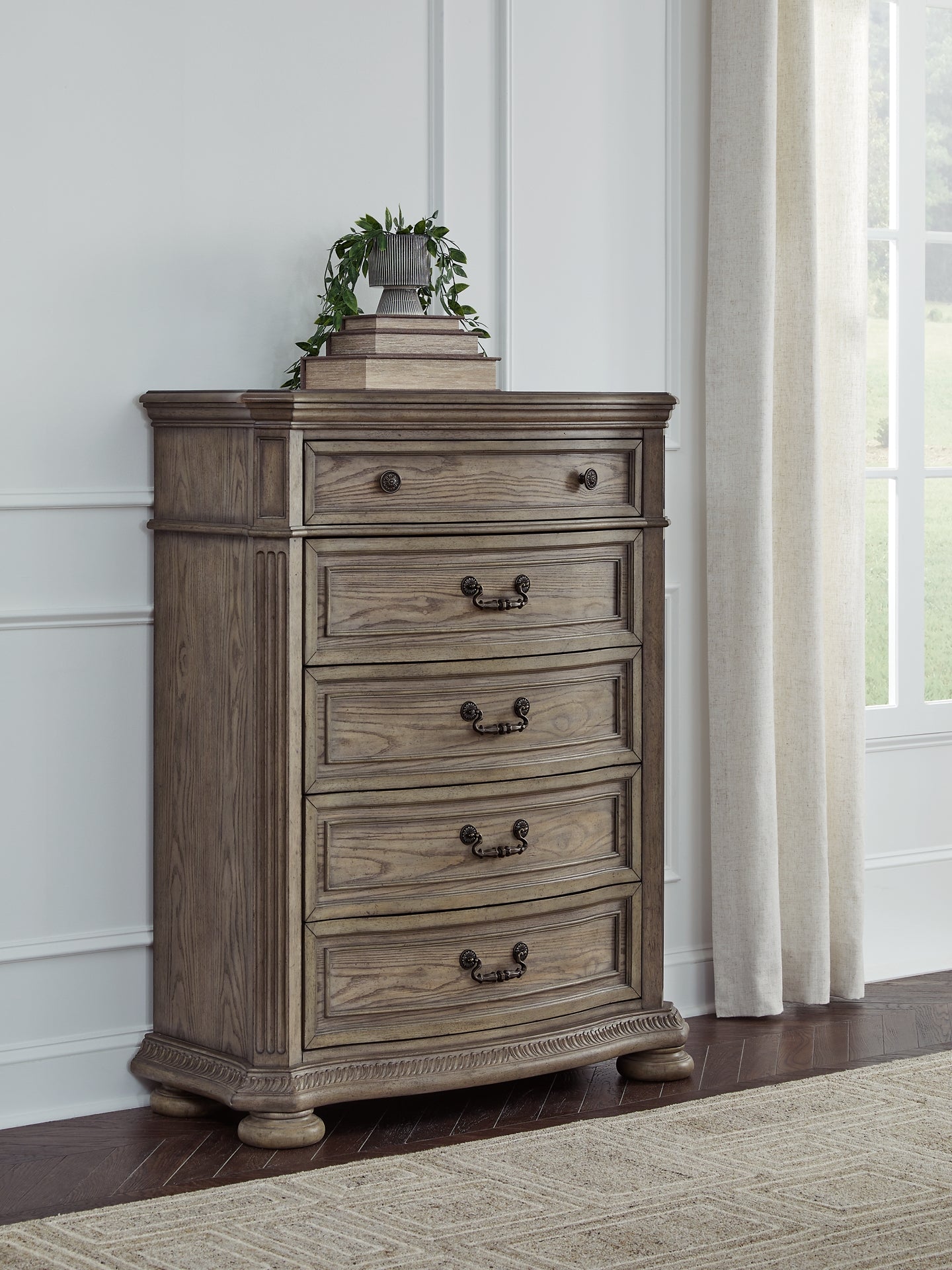 Ardenfield California King Upholstered Sleigh Bed with Mirrored Dresser and Chest
