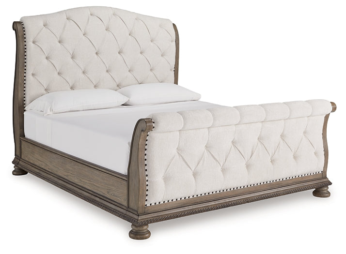 Ardenfield King Upholstered Sleigh Bed with Mirrored Dresser and Chest