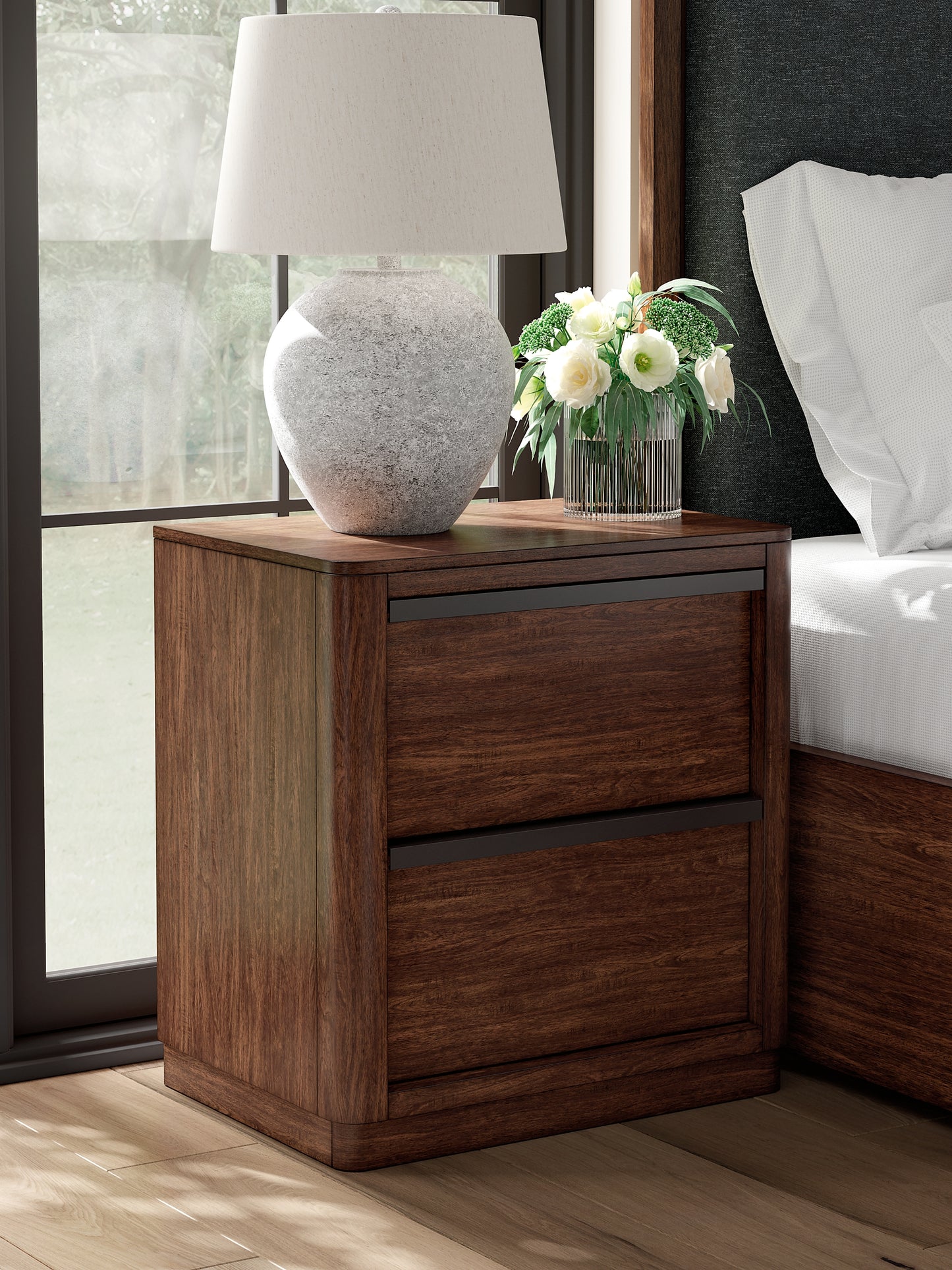 Dilenno Queen Canopy Bed with Mirrored Dresser and Nightstand
