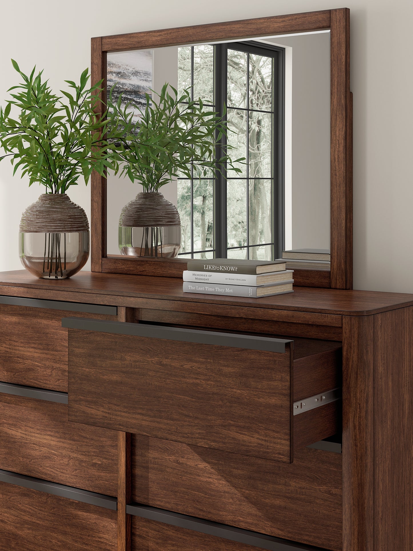 Dilenno King Canopy Bed with Mirrored Dresser, Chest and Nightstand
