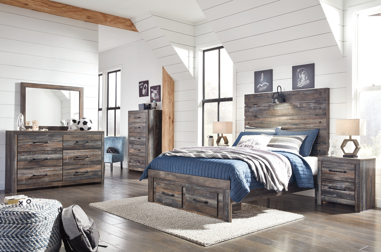 Drystan Queen Panel Bed with 2 Storage Drawers with Mirrored Dresser, Chest and Nightstand
