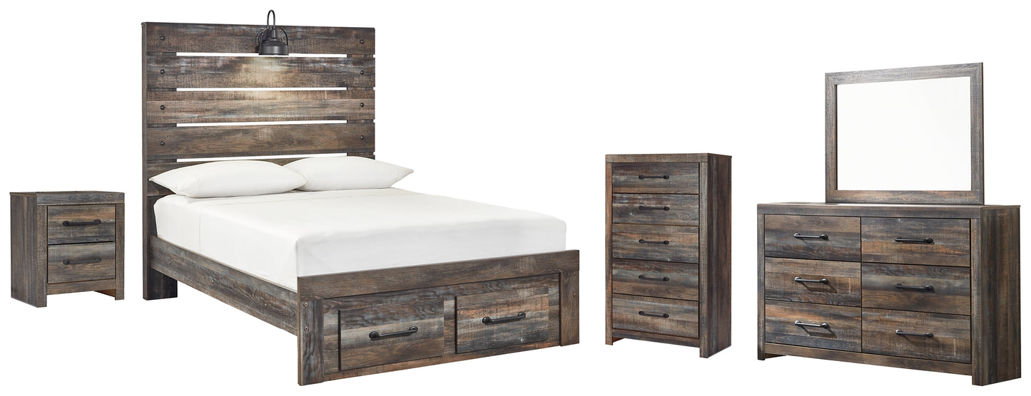 Drystan Queen Panel Bed with 2 Storage Drawers with Mirrored Dresser, Chest and Nightstand
