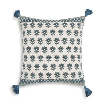 Blossom - 20" Printed Cotton Tassel Accent Cushion - Blue