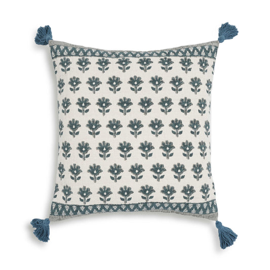 Blossom - 20" Printed Cotton Tassel Accent Cushion - Blue