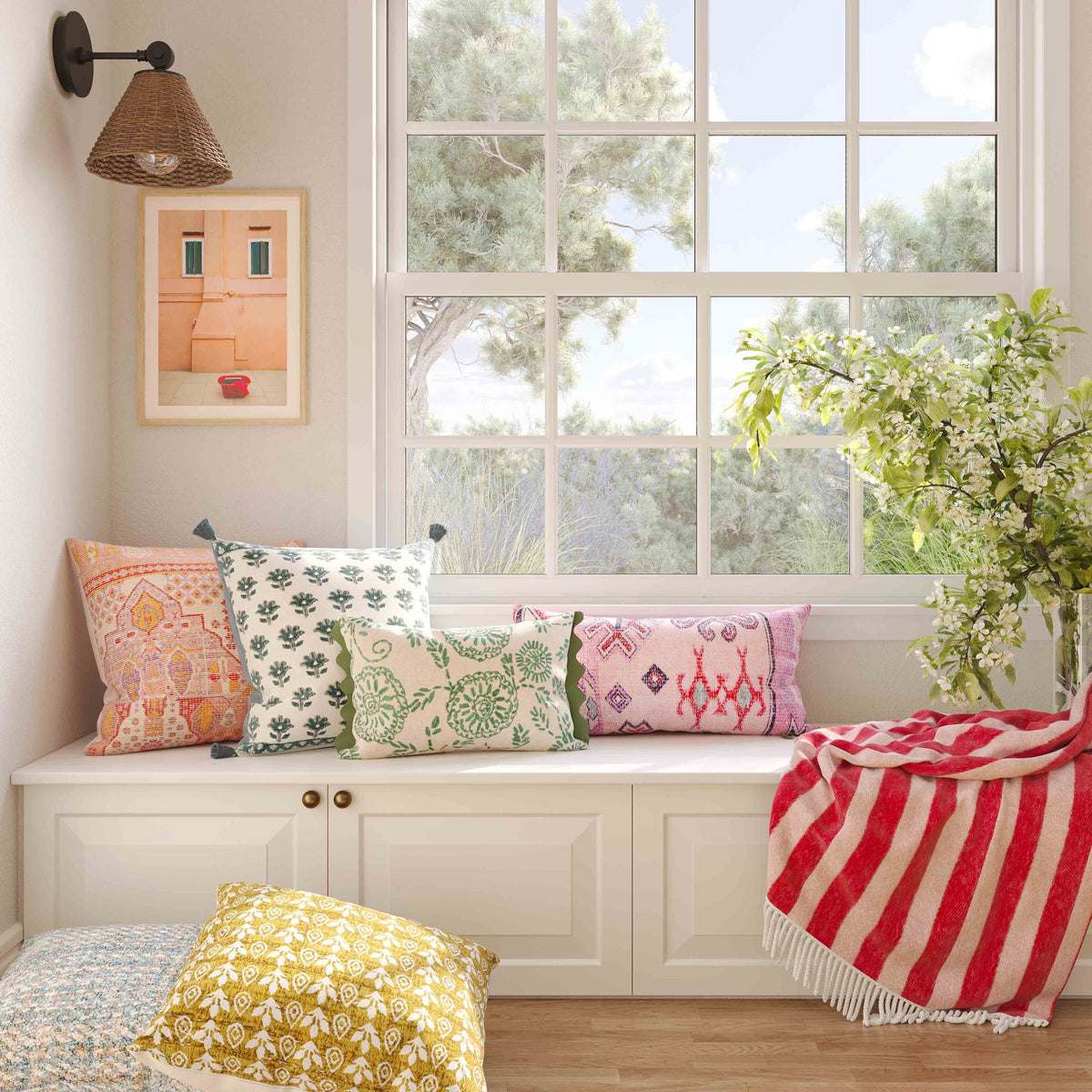 Blossom - 20" Printed Cotton Tassel Accent Cushion - Blue