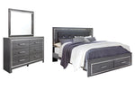 Lodanna King Panel Bed with 2 Storage Drawers with Mirrored Dresser Gray