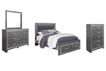 Lodanna Queen Panel Bed with 2 Storage Drawers with Mirrored Dresser and Chest Gray