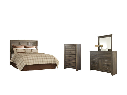 Juararo Queen Panel Headboard Bed with Mirrored Dresser and Chest