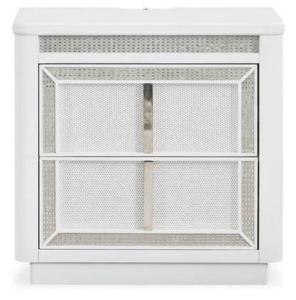 Chalanna California King Upholstered Storage Bed with Mirrored Dresser and Nightstand