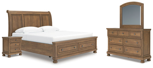 Feddinger King Storage Sleigh Bed with Mirrored Dresser and Nightstand