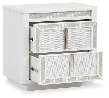 Chalanna King Upholstered Storage Bed with Mirrored Dresser and Nightstand