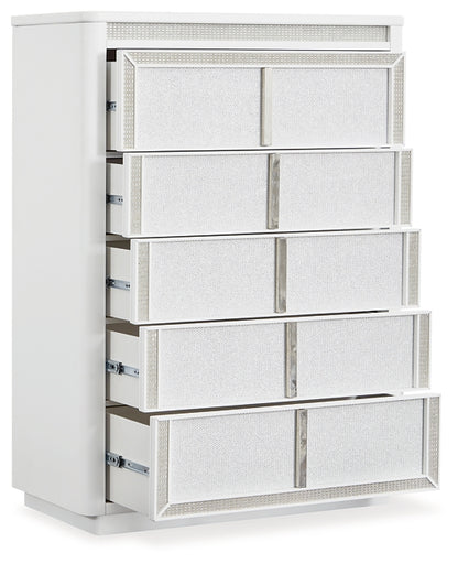 Chalanna King Upholstered Storage Bed with Mirrored Dresser, Chest and Nightstand