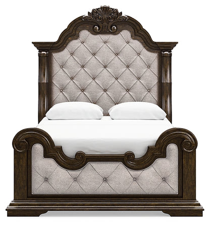 Maylee Queen Upholstered Bed with Mirrored Dresser and Chest
