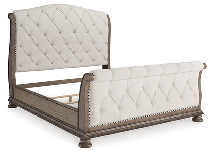 Ardenfield King Upholstered Sleigh Bed with Mirrored Dresser