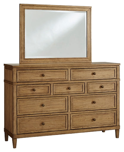 Sharlance Queen Upholstered Panel Bed with Mirrored Dresser and Chest
