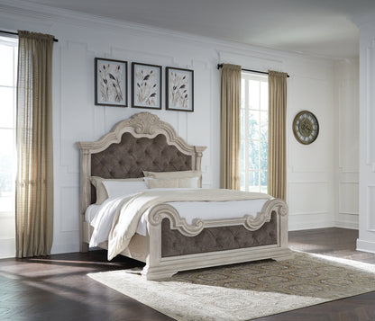 Bruchandi California King Upholstered Panel Bed with Mirrored Dresser and Nightstand