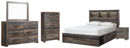 Drystan Queen Bookcase Bed with 2 Storage Drawers, Dresser, Mirror, Chest and Nightstand