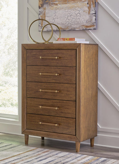 Lyncott Queen Upholstered Panel Bed, Dresser, Mirror, Chest and Nightstand