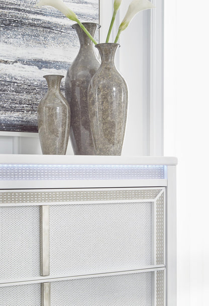 Chalanna Queen Upholstered Storage Bed, Dresser, Mirror, Chest and Nightstand