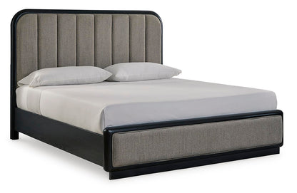Rowanbeck California King Upholstered Panel Bed, Dresser, Mirror and Nightstand