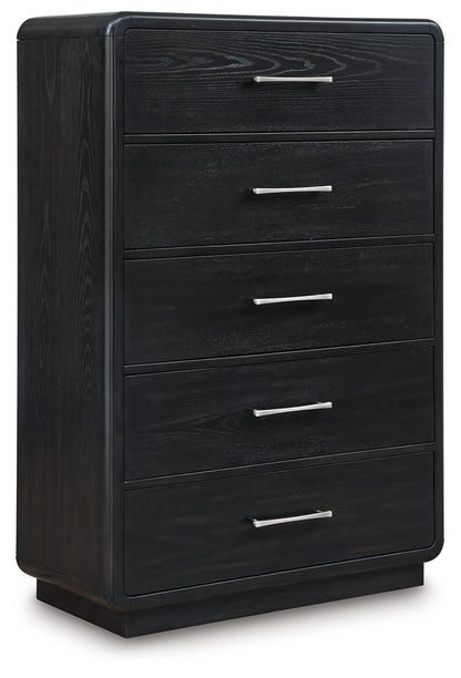Rowanbeck King Upholstered Panel Bed, Dresser, Mirror, Chest and Nightstand