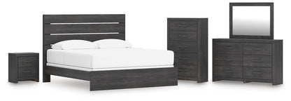 Hollivern King Panel Bed, Dresser, Mirror, Chest and Nightstand