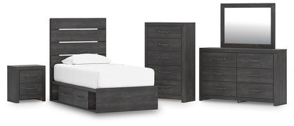 Hollivern Twin Panel Bed with Storage, Dresser, Mirror, Chest and Nightstand
