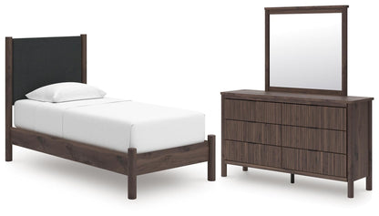 Pamytta Twin Upholstered Panel Platform Bed, Dresser and Mirror