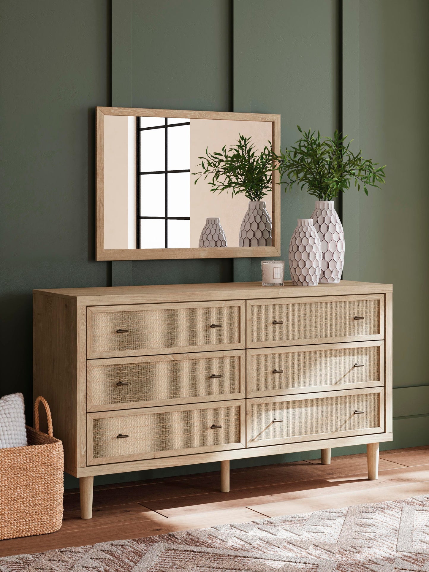 Cielden California King Upholstered Bed with Roll Slats, Dresser and Mirror