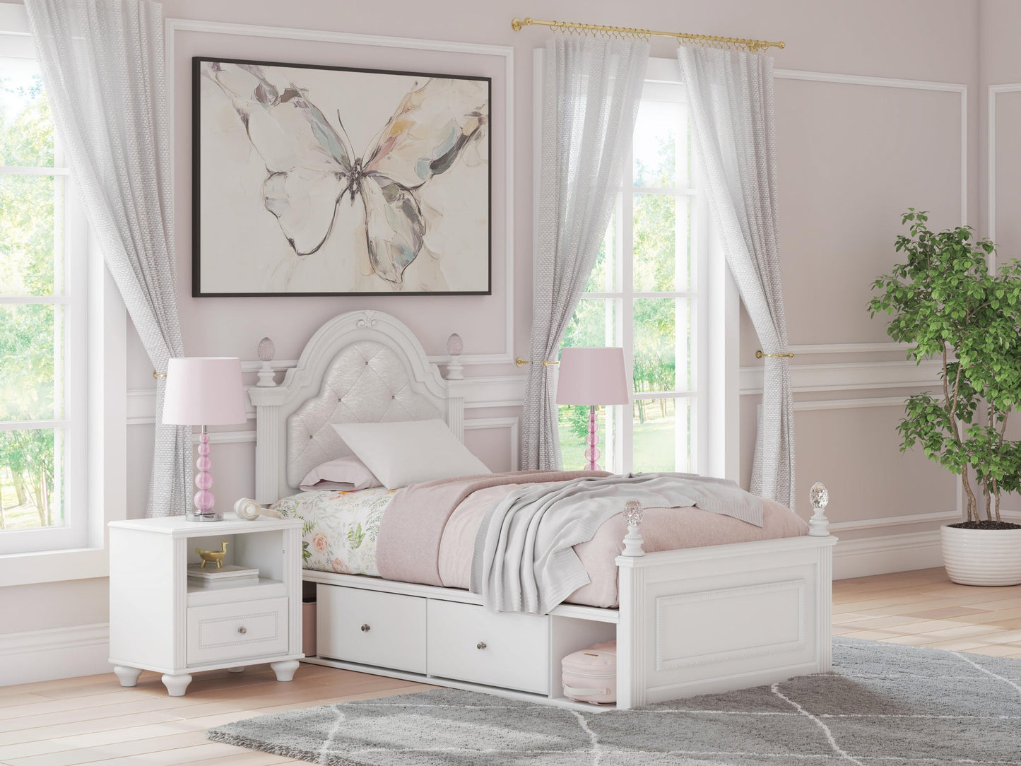 Kozlani Twin Upholstered Panel Storage Bed, Dresser, Mirror and Nightstand