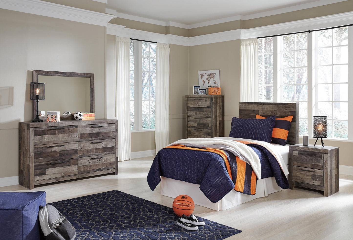 Derekson Twin Panel Headboard Bed with Mirrored Dresser, Chest and Nightstand
