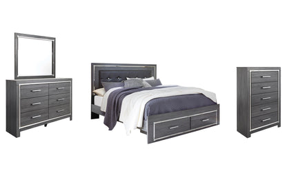 Lodanna King Panel Bed with 2 Storage Drawers, Dresser, Mirror, Chest and Nightstand