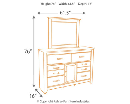 Juararo King/California King Panel Headboard Bed with Mirrored Dresser, Chest and Nightstand