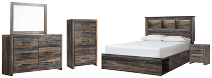 Drystan Queen Bookcase Bed with 2 Storage Drawers, Dresser, Mirror, Chest and Nightstand