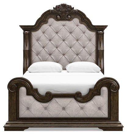 Maylee Queen Upholstered Bed, Dresser, Mirror, Chest and Nightstand