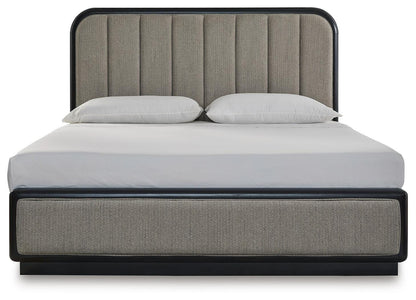 Rowanbeck King Upholstered Panel Bed, Dresser, Mirror and Nightstand