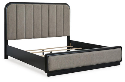 Rowanbeck King Upholstered Panel Bed, Dresser, Mirror and Nightstand