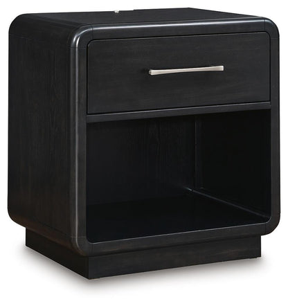 Rowanbeck King Upholstered Panel Bed, Dresser, Mirror and Nightstand
