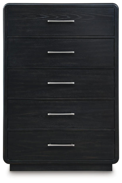Rowanbeck California King Upholstered Panel Bed, Dresser, Mirror, Chest and Nightstand