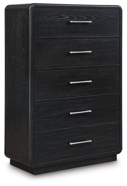 Rowanbeck California King Upholstered Panel Bed, Dresser, Mirror, Chest and Nightstand