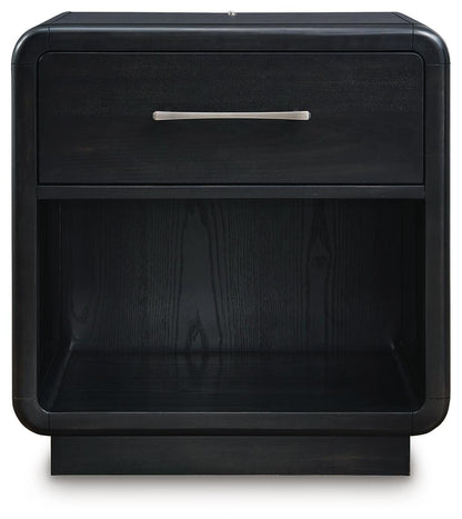 Rowanbeck California King Upholstered Panel Bed, Dresser, Mirror, Chest and Nightstand