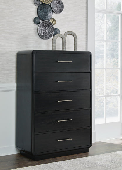 Rowanbeck California King Upholstered Panel Bed, Dresser, Mirror, Chest and Nightstand