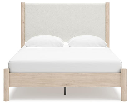 Cadmori Queen Upholstered Panel Bed with Mirrored Dresser, Chest and Nightstand