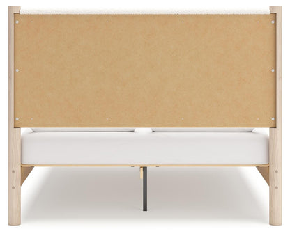 Cadmori Queen Upholstered Panel Bed with Mirrored Dresser, Chest and Nightstand