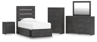 Hollivern Twin Panel Bed with Storage, Dresser, Mirror, Chest and Nightstand